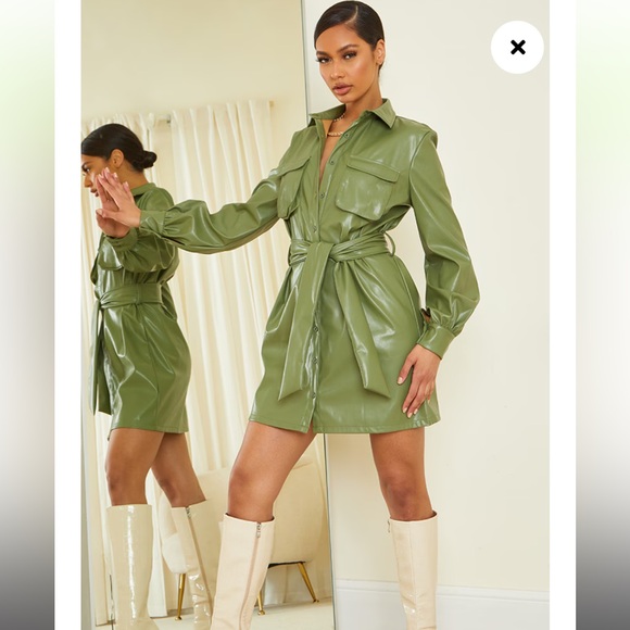 PLT Khaki Faux Leather Pocket Detail Shirt Dress - Picture 6 of 6